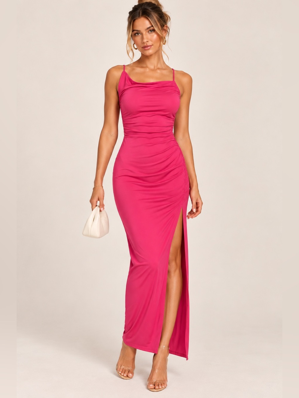 NWT Bershka Fuchsia Ruched Maxi Dress with Side Slit